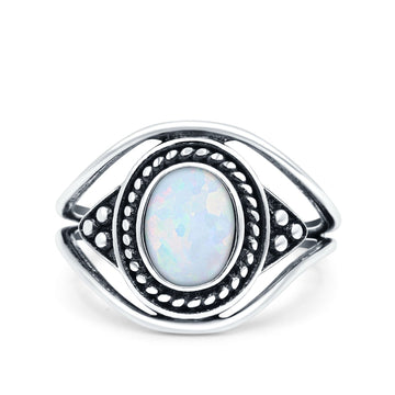 Vintage Style Promise Ring Band Oxidized Lab Created White Opal 925 Sterling Silver